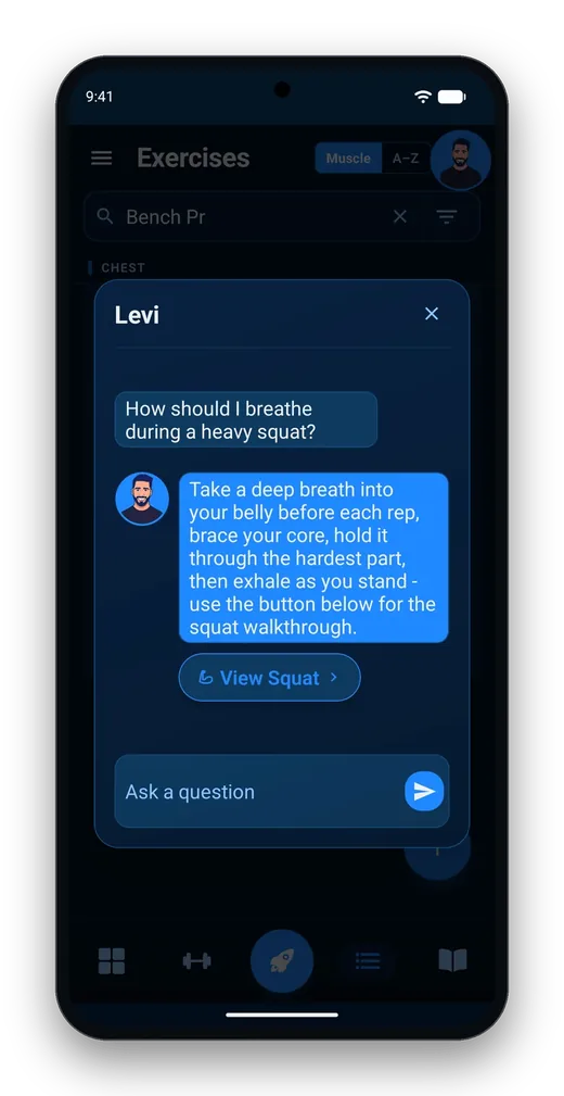 A member asks the trainer how to breathe during a heavy squat, and the trainer answers with a link to the squat walkthrough.