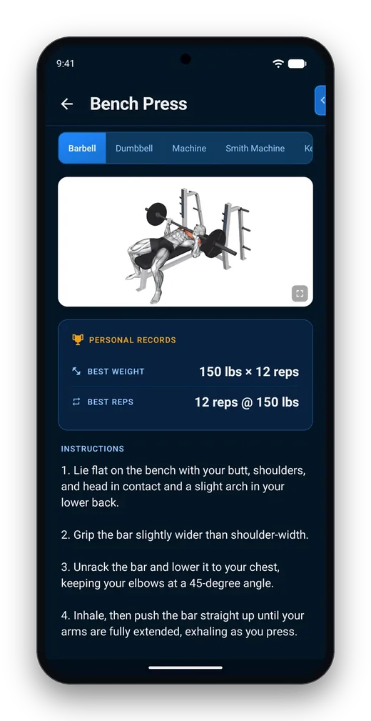 Bench Press in the exercise library, with its demo, the member's personal records and step-by-step instructions.
