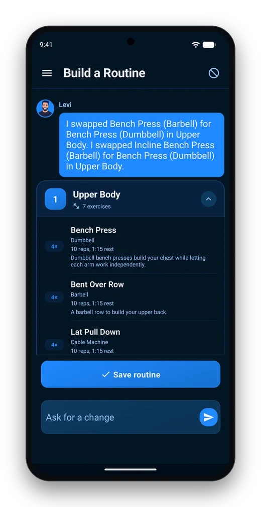 After a member asks to swap the bench press for dumbbells, the trainer confirms the swap and the Upper Body day shows Bench Press with dumbbells.